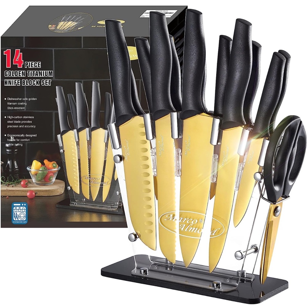 Marco Almond® Gold Knife Set With Block, 14 Pieces